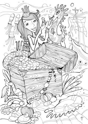 Sea horse and princess mermaid found treasure coloring page free printable coloring pages