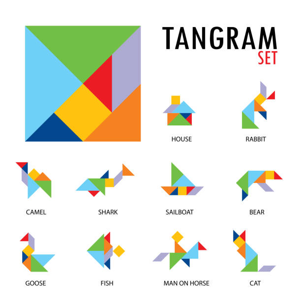 Colorful set of tangram game icons made with geometry shapes in abstract style includes animal vector illustration stock illustration