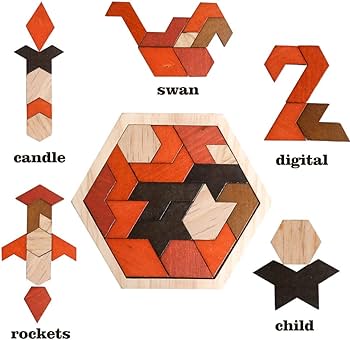 Wooden puzzle hexagon tangram puzzle for kids adults brain teasers puzzles game challenge toy shape pattern block tangram family portable montessori educational gift for all ages boys girls children toys games