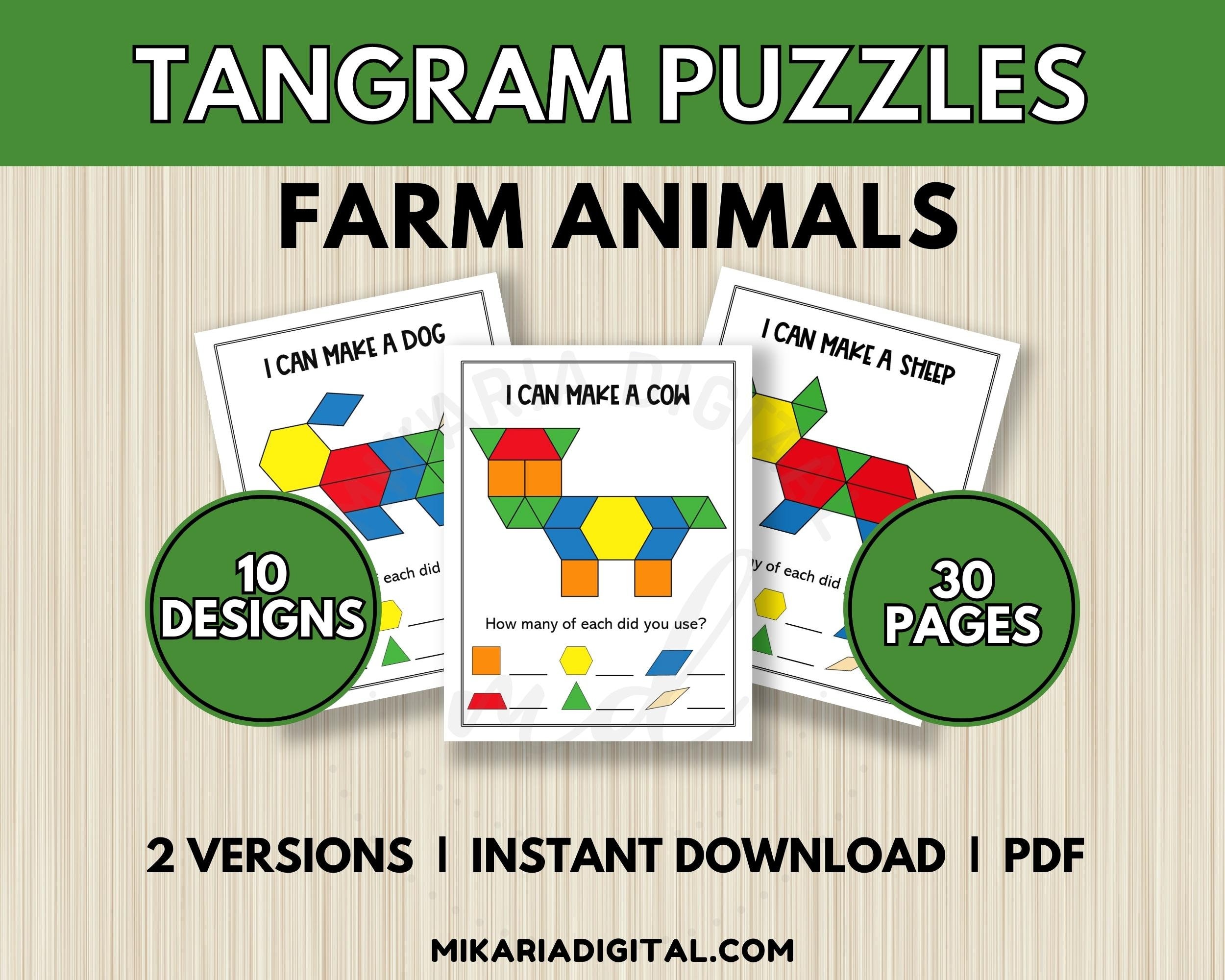 Farm animal pattern block mats tangram puzzle cards for kids toddler learning activity quiet time book basic shape matching worksheets