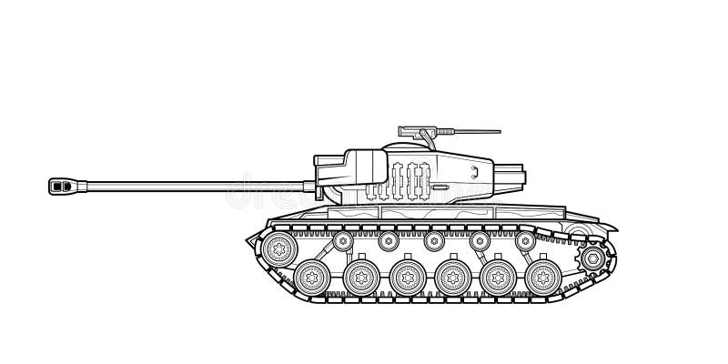 Adult line art military tank coloring page vector black contour sketch illustrate isolated on white background stock vector