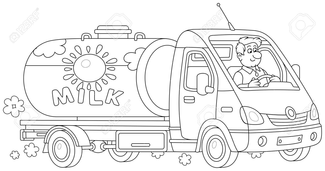 Small milk tank truck with a funny driver hurrying on a road from a farm to a dairy factory black and white vector cartoon illustration for a coloring book page royalty free