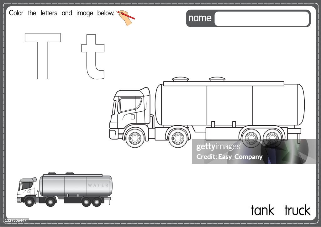 Vector illustration of kids alphabet coloring book page with outlined clip art to color letter t for tank truck high