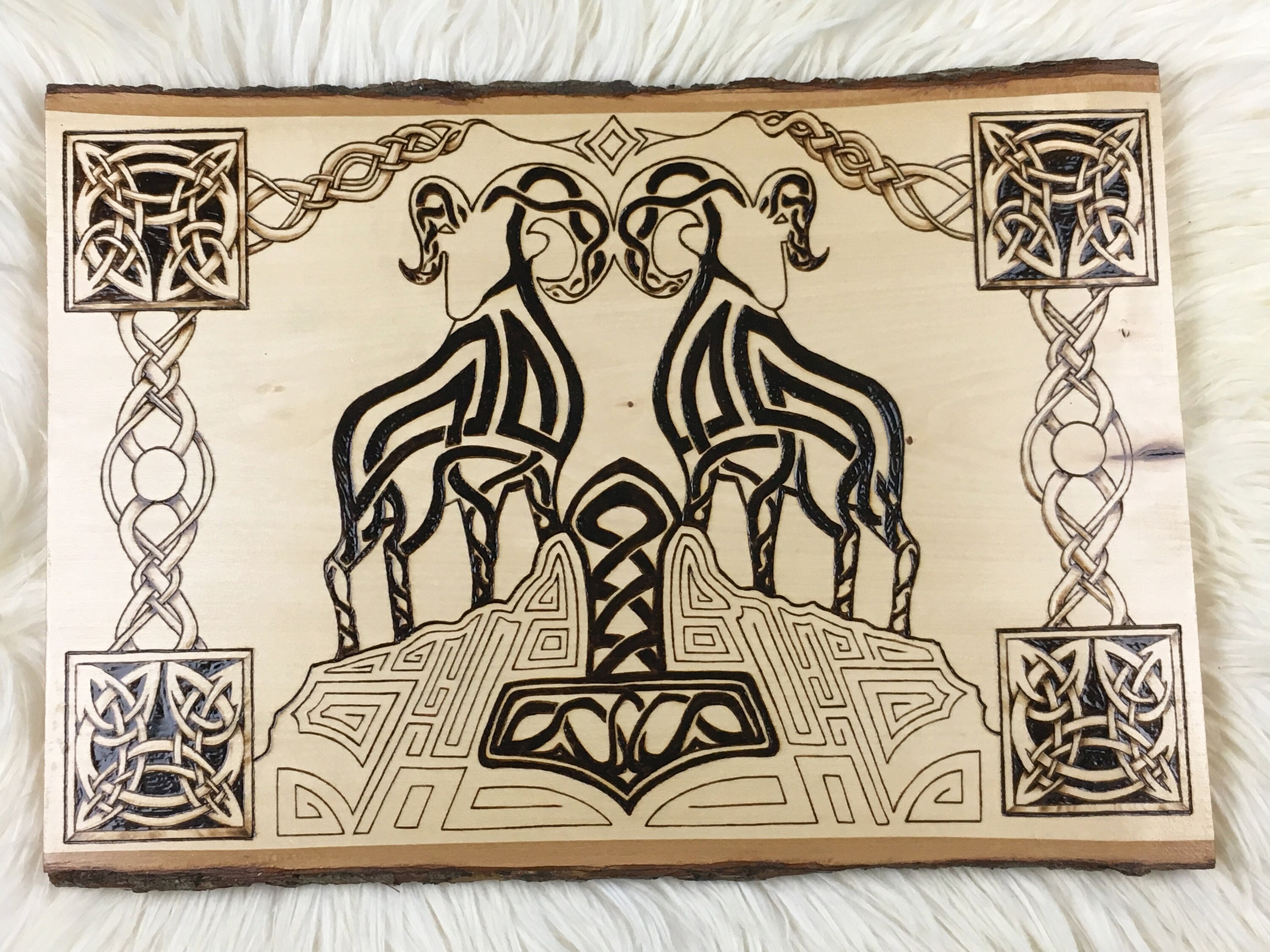 Viking wall hanging thors goats tanngrisnir tanngnjãstr and mjolnir asatru wood art viking home decor asatru wall art