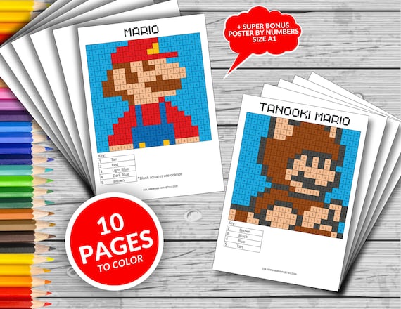 Super mario printable coloring pages coloring by number super mario fun game kids activities fun at home activity relax and color instant download