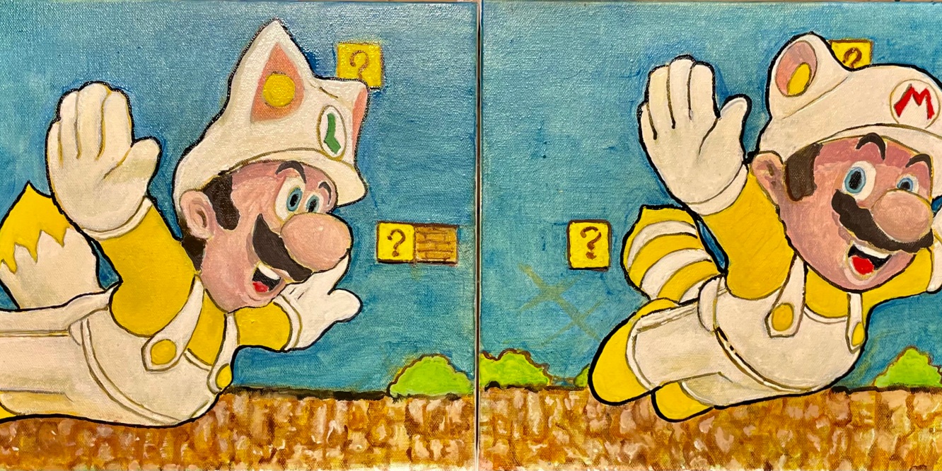 Pleted oil painting tanooki mario and kitsuni luigi â fifty state banana