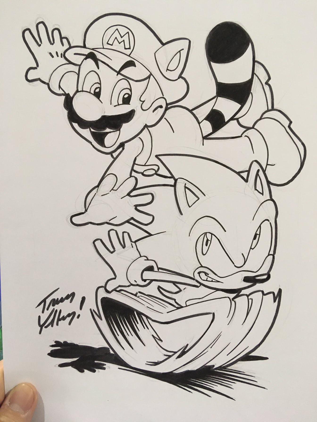 Here is tracy yardleys archieidw sonic artist drawing of sonic and tanooki mario rsonicthehedgehog