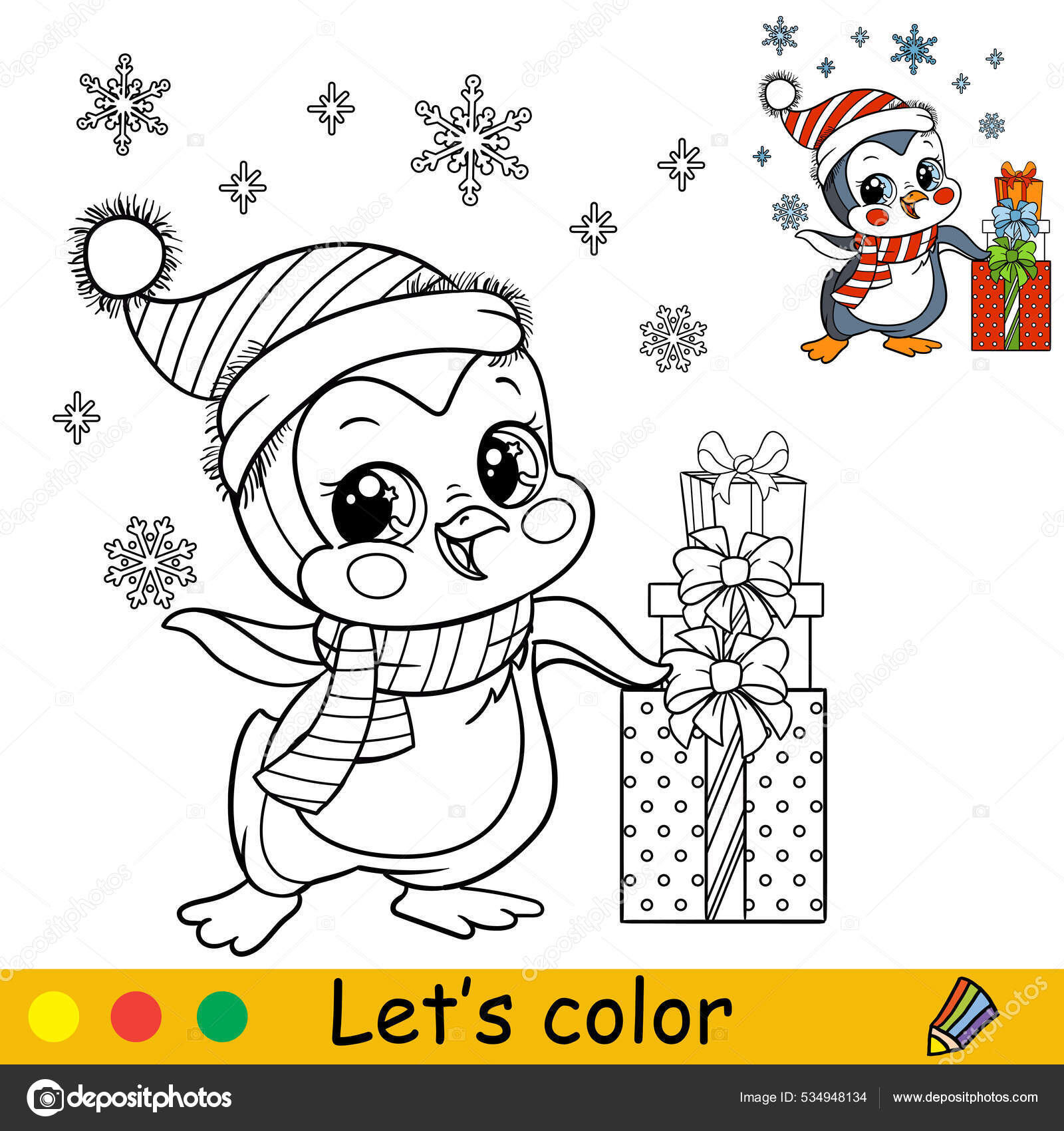 Colorear lindo pingãino de navidad chico con regalos vector vector de stock por alinart