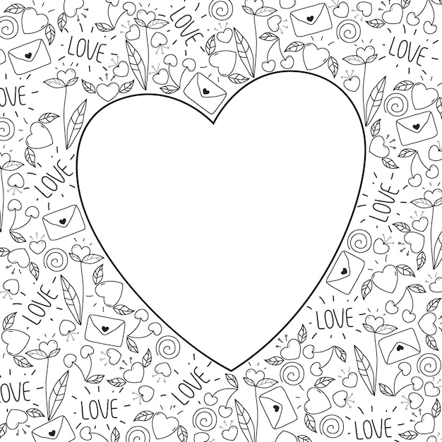 Tarjeta feliz del doodle del saludo del dãa de tarjetas del dãa de san valentãn vector amor simbolos dibujado a mano ilustraciãn en blanco y negro vector premium