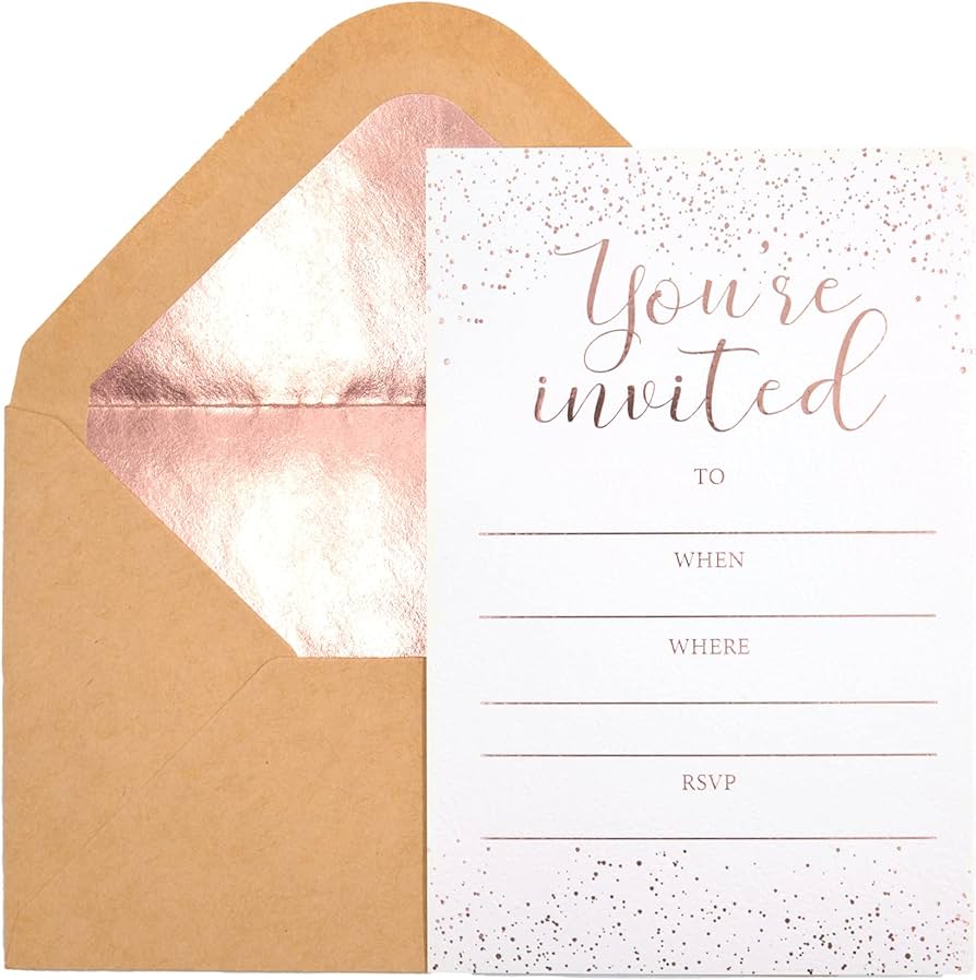 Chrizz tarjetas de invitaciãn â tarjetas de invitaciãn blancas de x pulgadas you are invited en lãmina de oro rosa con sobres de papel kraft â para