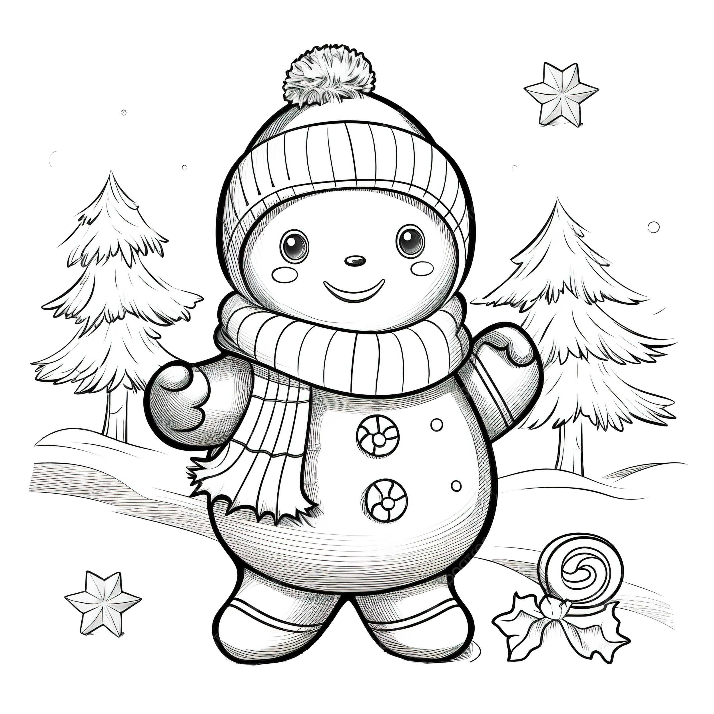 Feliz navidad lindas galletas de jengibre para colorear tarjeta de dibujo con bufanda y nieve para