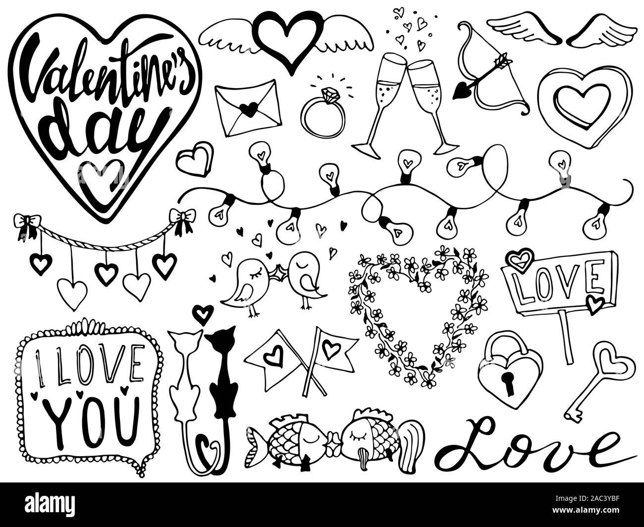 Dãa de san valentãn doodle colecciãn romãntica dibujados a mano la caligrafãa y la ilustraciãn vectorial sãmbolos de san valentãn diseão para imprion tarjetas y pãginas para colorear imagen vector de stock