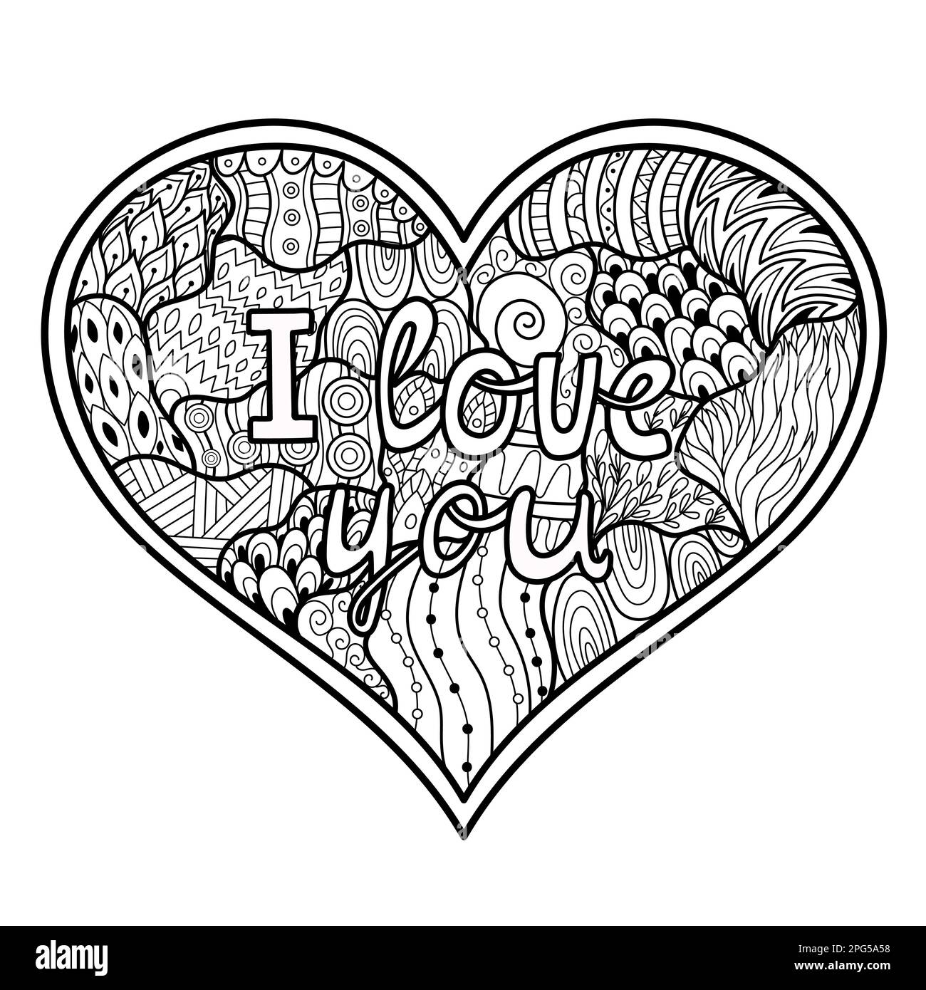 Pãgina para colorear del corazãn de doodle con el texto de i love you patrãn blanco y negro del dãa de san valentãn imagen vector de stock