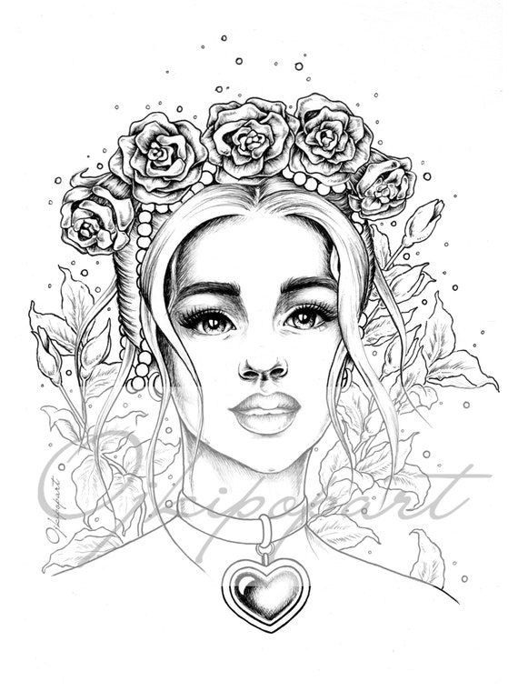 Valentine girl printable coloring page for adults pdf files dark and bright version instant download