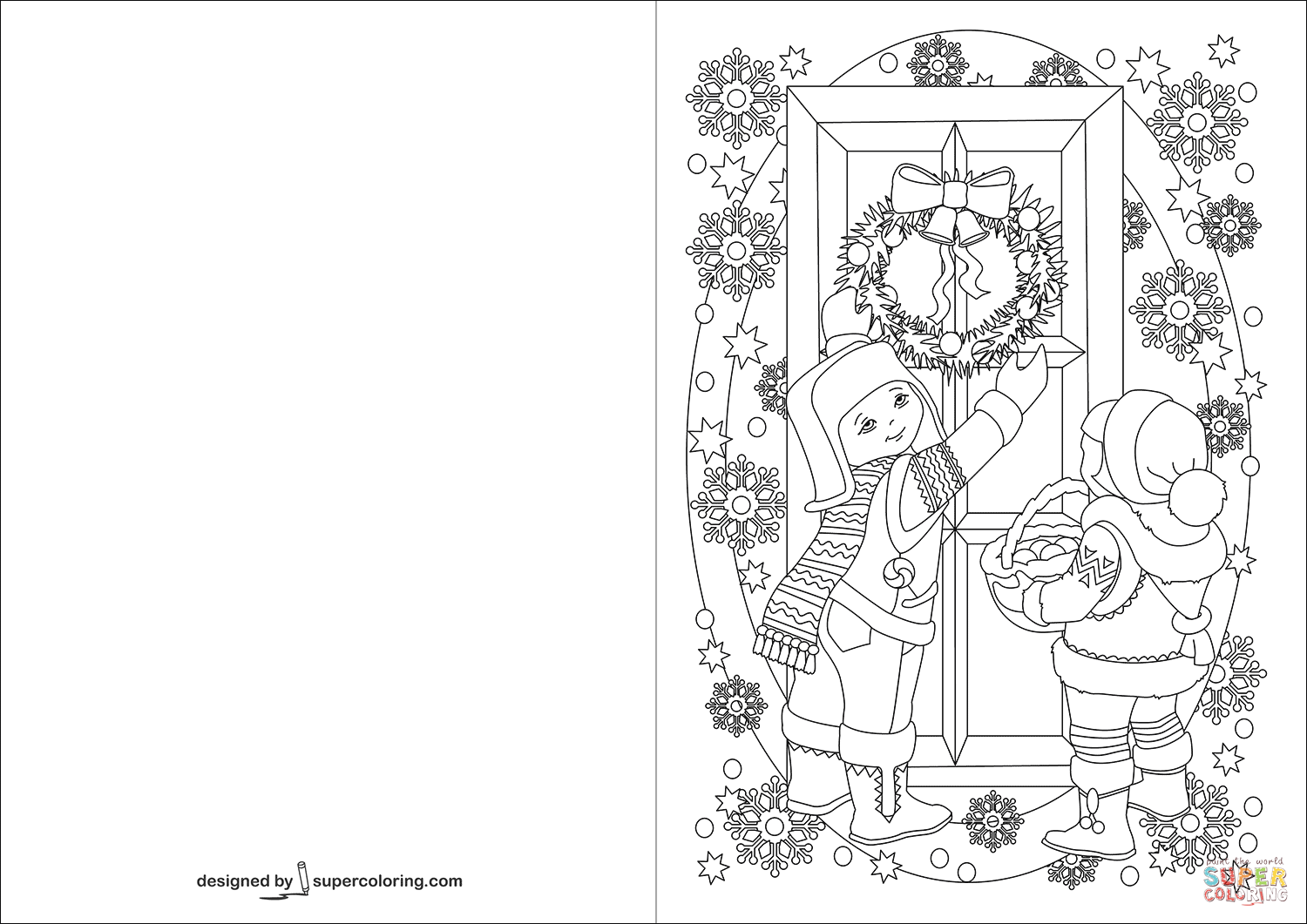 Children decorating a door with christmas wreath card coloring page free printable coloring pages