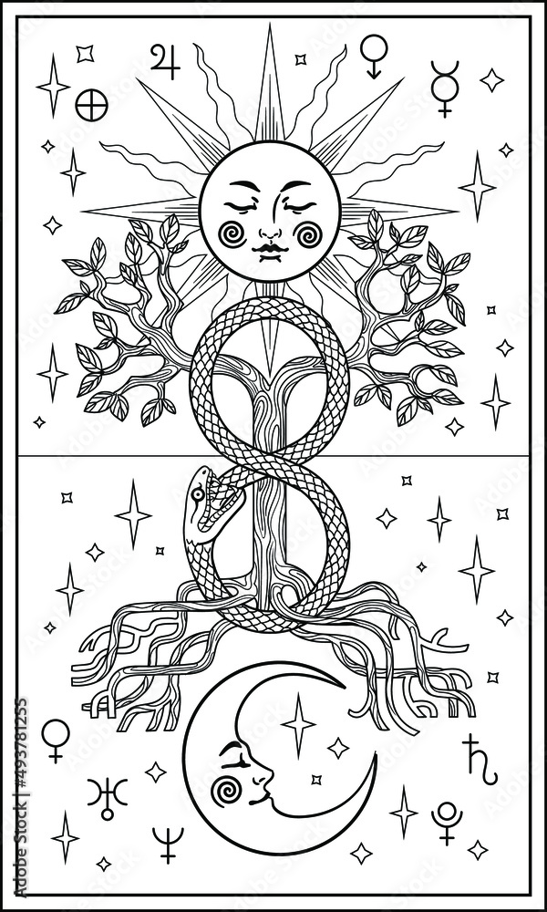Grafika wektorowa tarot card with moon sun ouroboros and yggdrasil tree of life from scandinavian mythology vector outline for coloring page