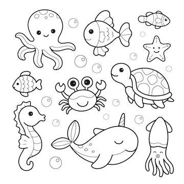 Desenho de animais marinhos polvo peixe tartaruga narval cavalo marinho caranguejo estrela do mar para colorir e imprimir vetor premium