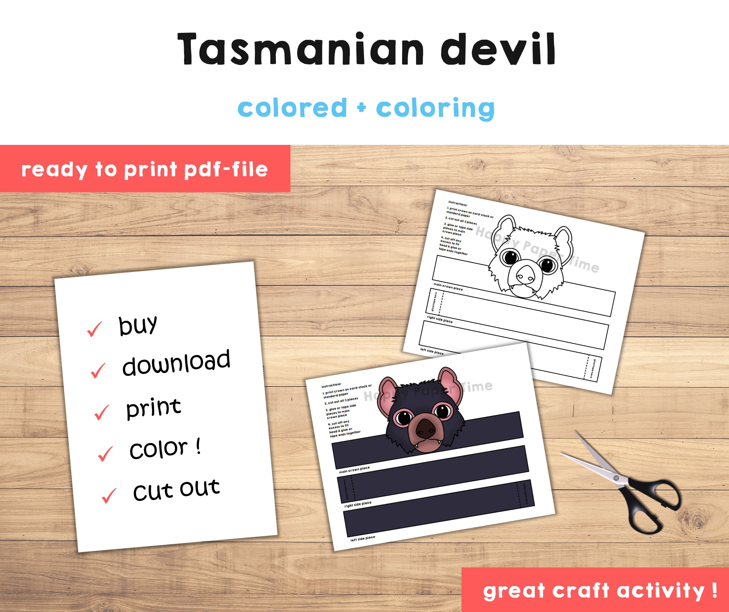 Tasmanian devil paper crown party coloring printable kids