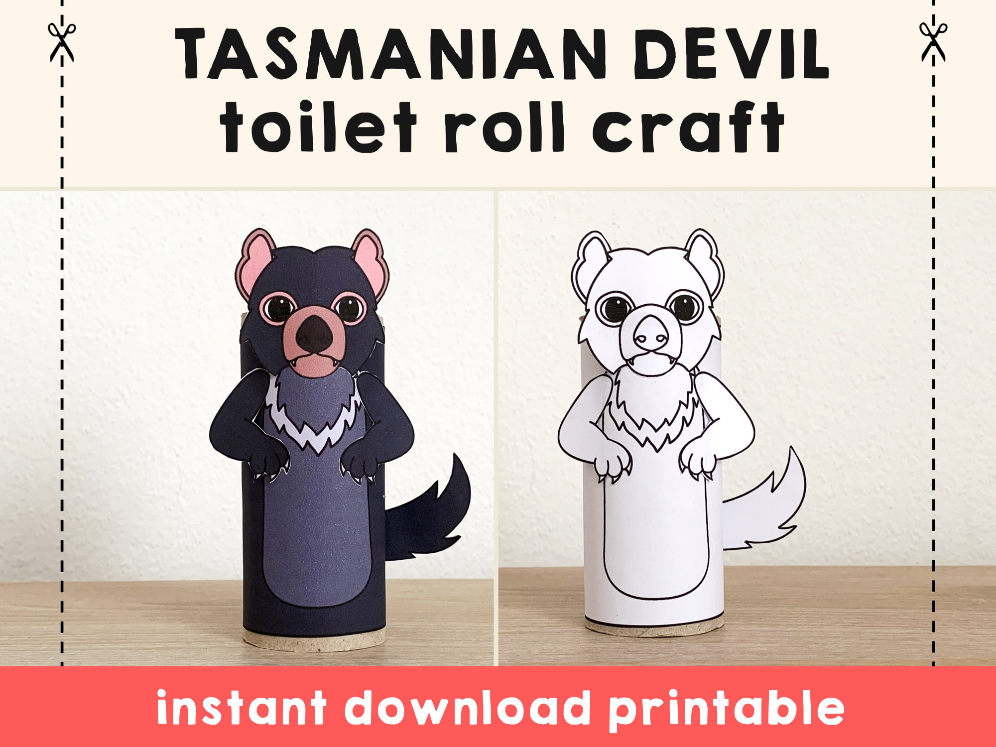 Tasmanian devil toilet paper roll craft australian animal party coloring printable decoration kids play cut out glue diy instant download