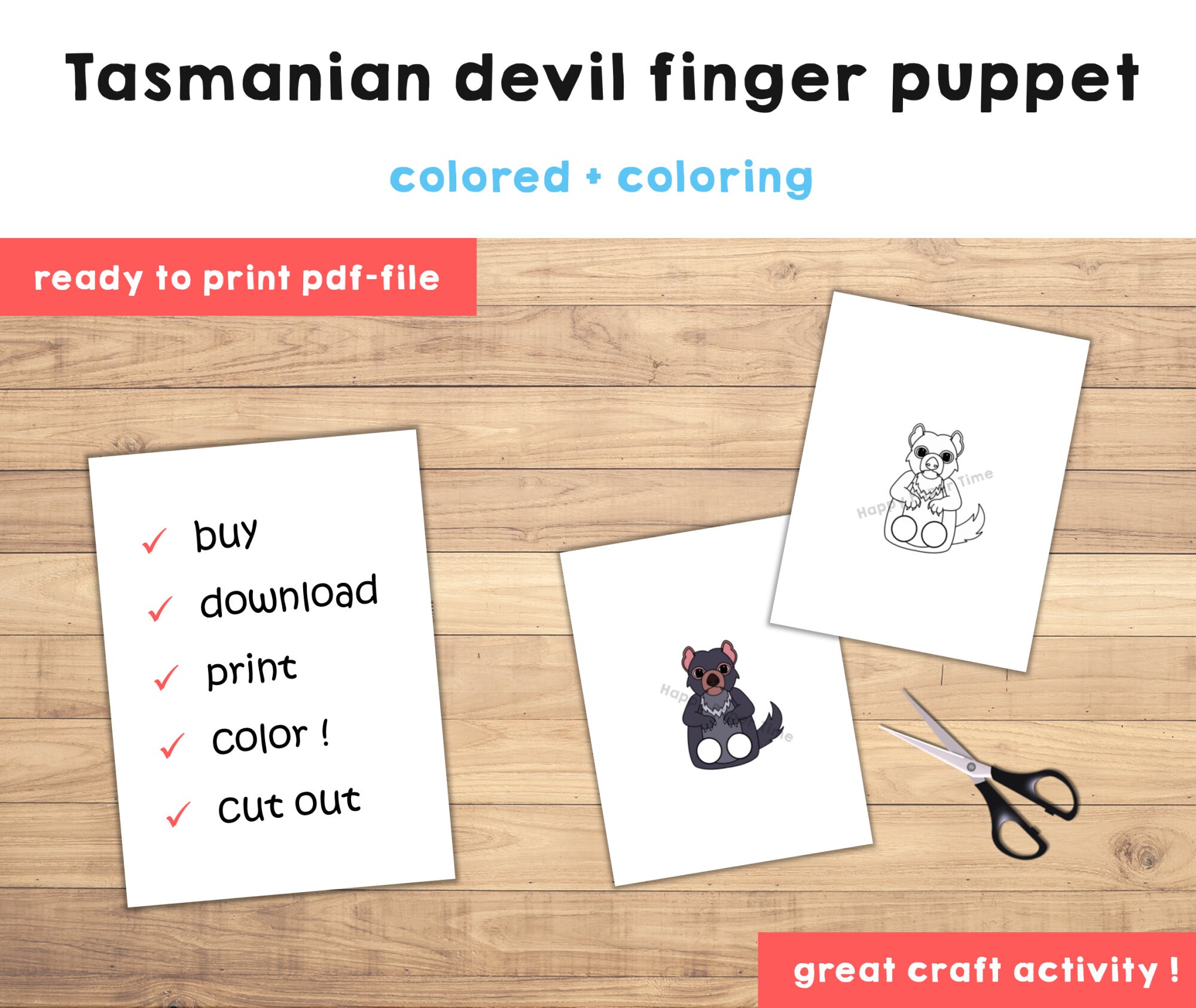 Tasmanian devil paper craft printable australian animal finger puppet kids craft birthday party kids coloring puppet instant download