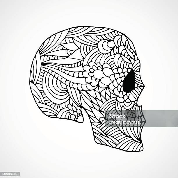 Hand drawn doodle swirled skull profile stock illustration