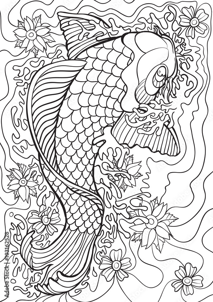 Adult coloring book â illustration tattoo set koi vector illustration vector
