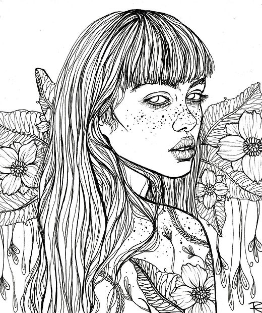 Printable coloring page tattoo girl and flowers roselin estephanãa