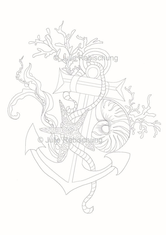 Tattoo style coloring pagenautical coloring pageanchor coloring pageseashells coloring pageadult coloring pageprintable coloring page