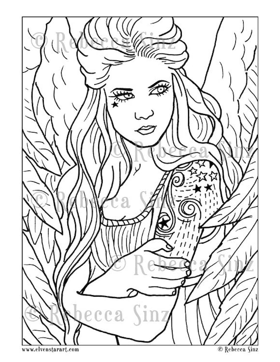Coloring page printable angel tattoos gothic fantasy art instant digital download adult coloring hobby