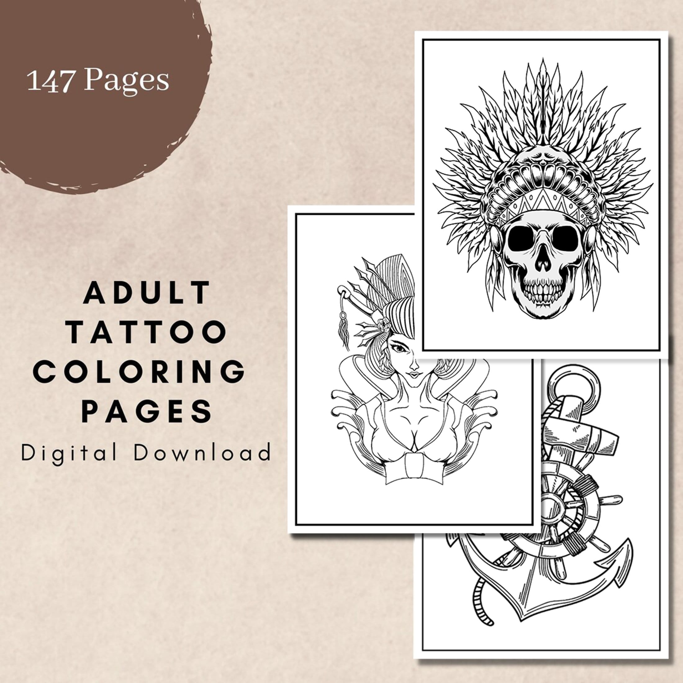 Adult tattoo coloring book pdf printable pages digital download instant download