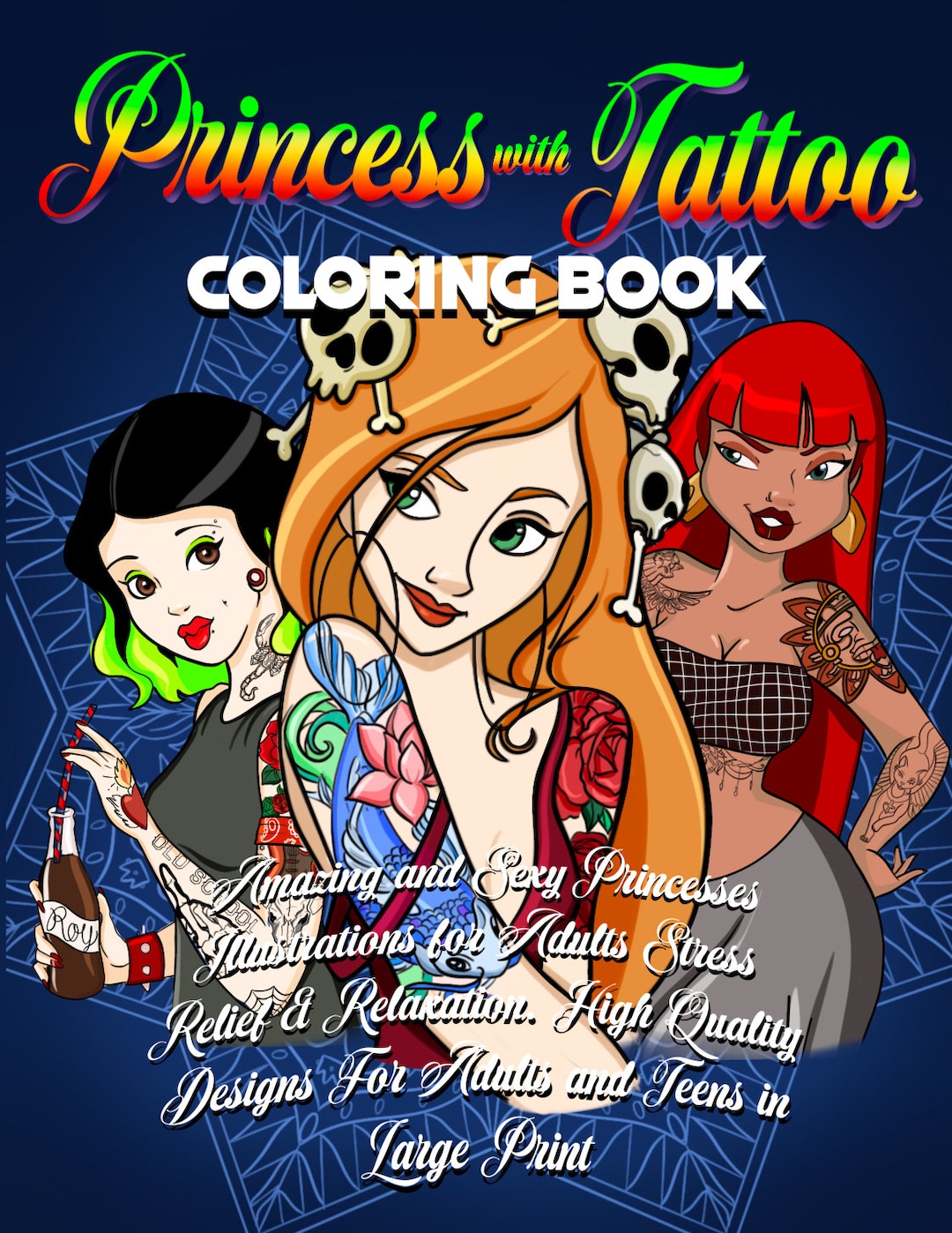Princess with tattoo coloring book amazing and sexy illustrations for adults stress relief printable digital downloads pdf pages