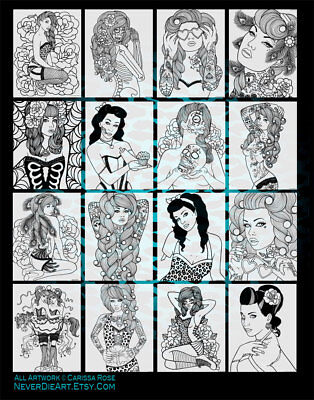 Adult coloring book pin up girl tattoo flash design lineart by carissa rose