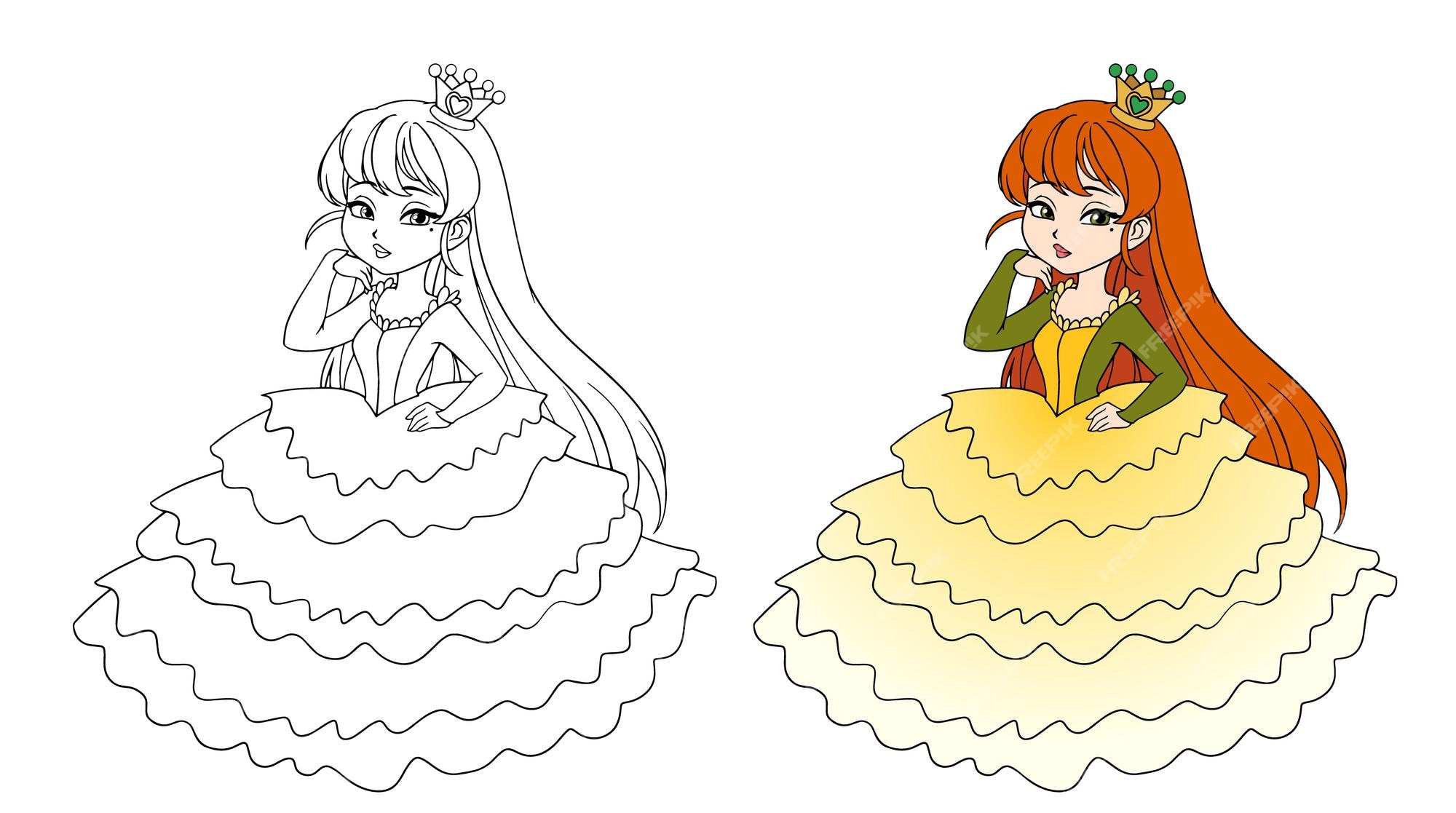 Premium vector beautiful little princess wearing long ball dress big cartoon eyes and head hand drawn contour vector illustration for coloring book children game tattoo