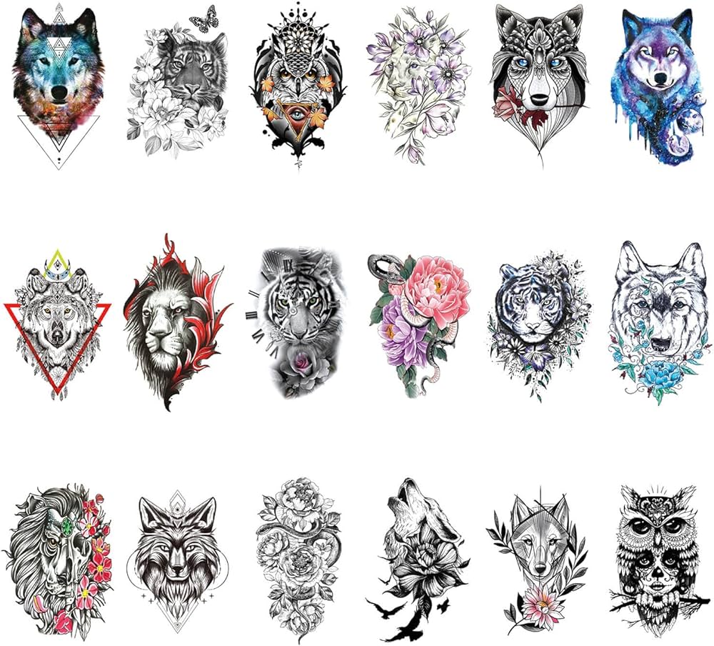 Glaryyears tatuaje temporal de animales salvajes para adultos hombres y mujeres paquete de tatuajes falsos con diseão de flor de lobo bãºho tigre serpiente leãn tatuajes realistas para brazo hombro