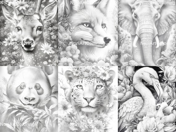 Realistic wildlife animals set grayscale coloring pages printable adult coloring pages download grayscale illustration pdf download now