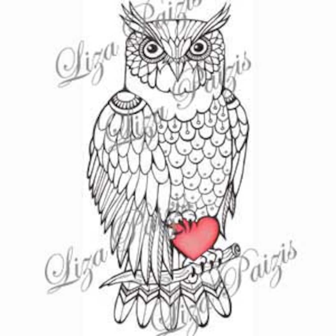 Owl tattoo diseão de tatuaje de bãºho blanco y negro con lãnea de corazãn rojo trabajo dibujo detallado