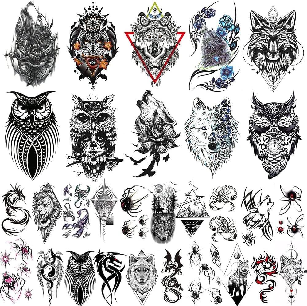 Hojas de tatuajes temporales grandes de bãºho y lobo calanãas de tatuaje para hombres y mujeres araãa escorpiãn diseãos de dragãn de larga duraciãn belleza y cuidado personal
