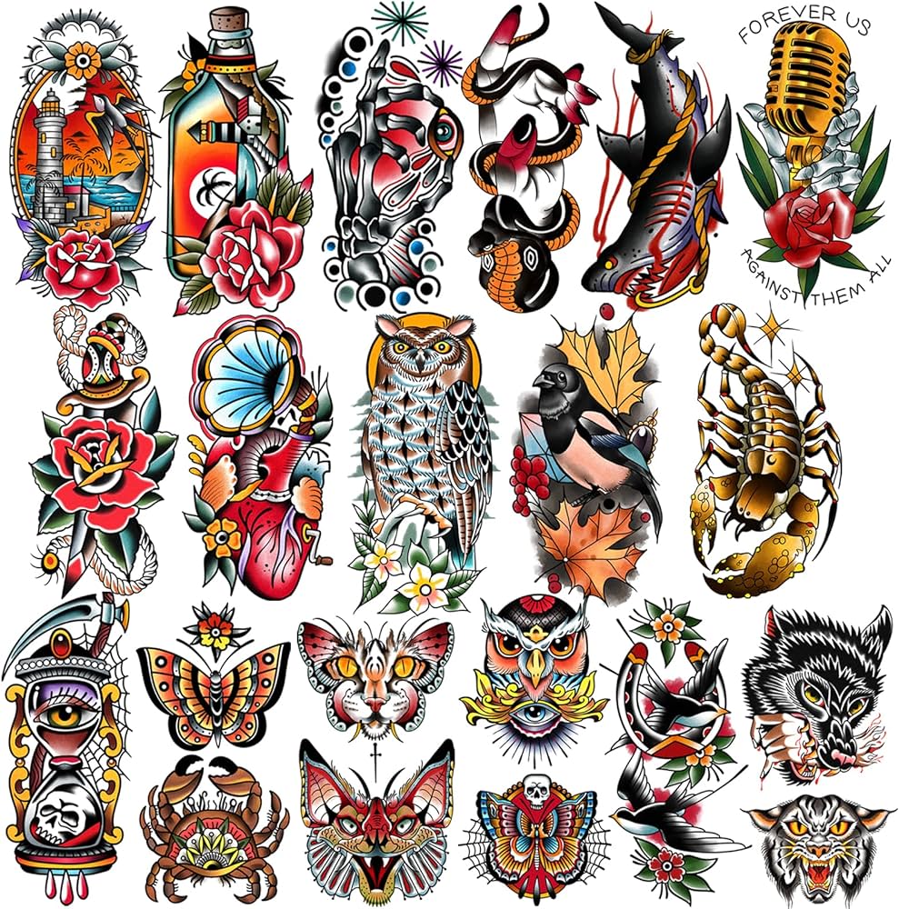 Hojas de tatuajes temporales vintage tatuajes temporales de la vieja escuela golondrinas de flores mariposas tigre escorpiãn serpiente espadas de bãºho para mujeres niãas y hombres tatuajes falsos de medio