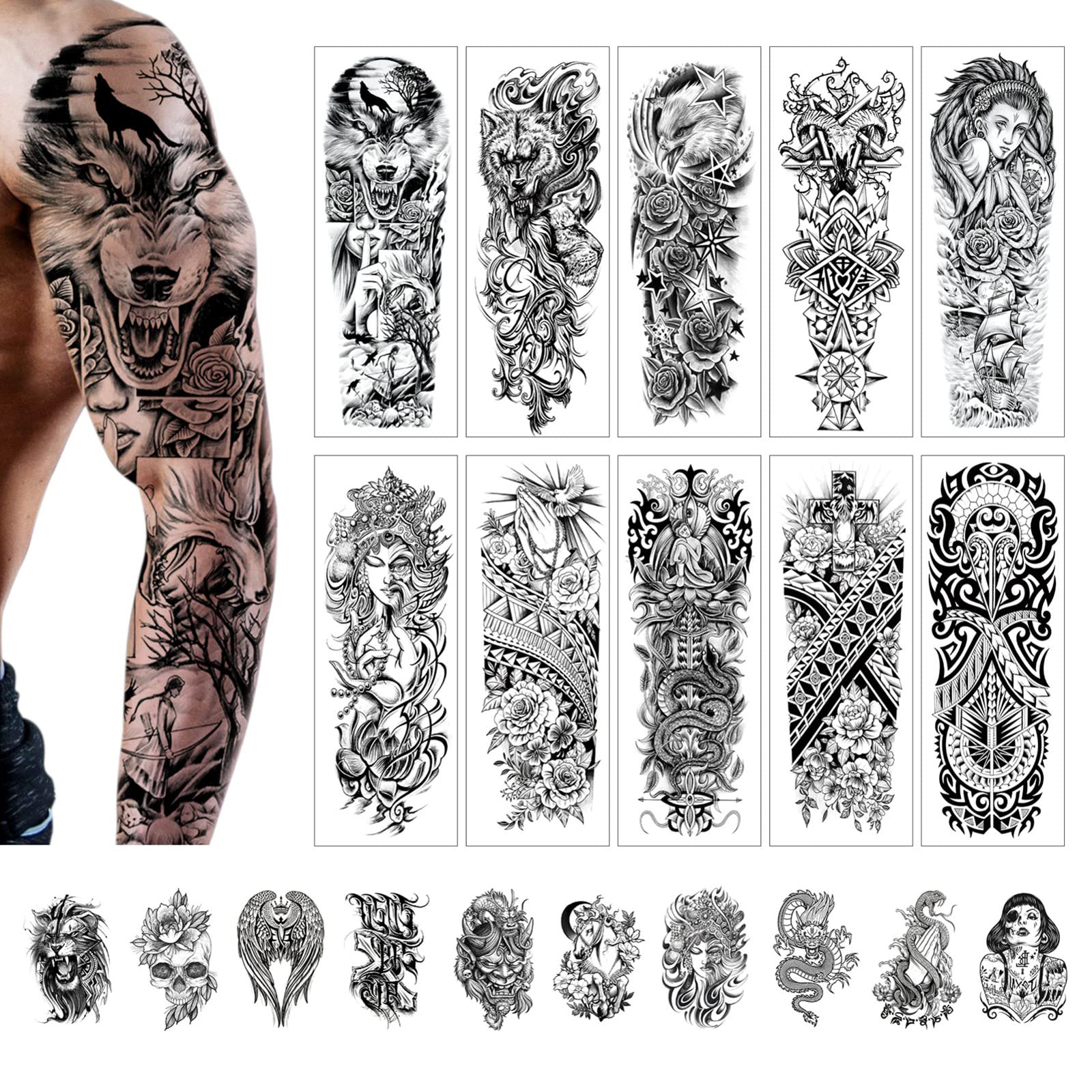 Hojas tatuaje temporal cayuden tatuaj temporal adultos de brazo completo tatuaj medio brazo kit de manga de adhivos tattoo temporal para hombr mujer maquillaje body belleza