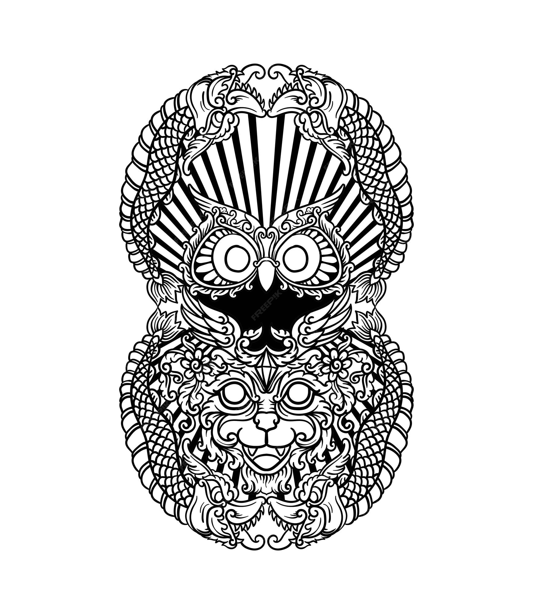 Camiseta de tatuaje y diseão de libro para colorear en blanco y negro dibujado a mano bãºho gato y adorno de grabado de dragãn vector premium