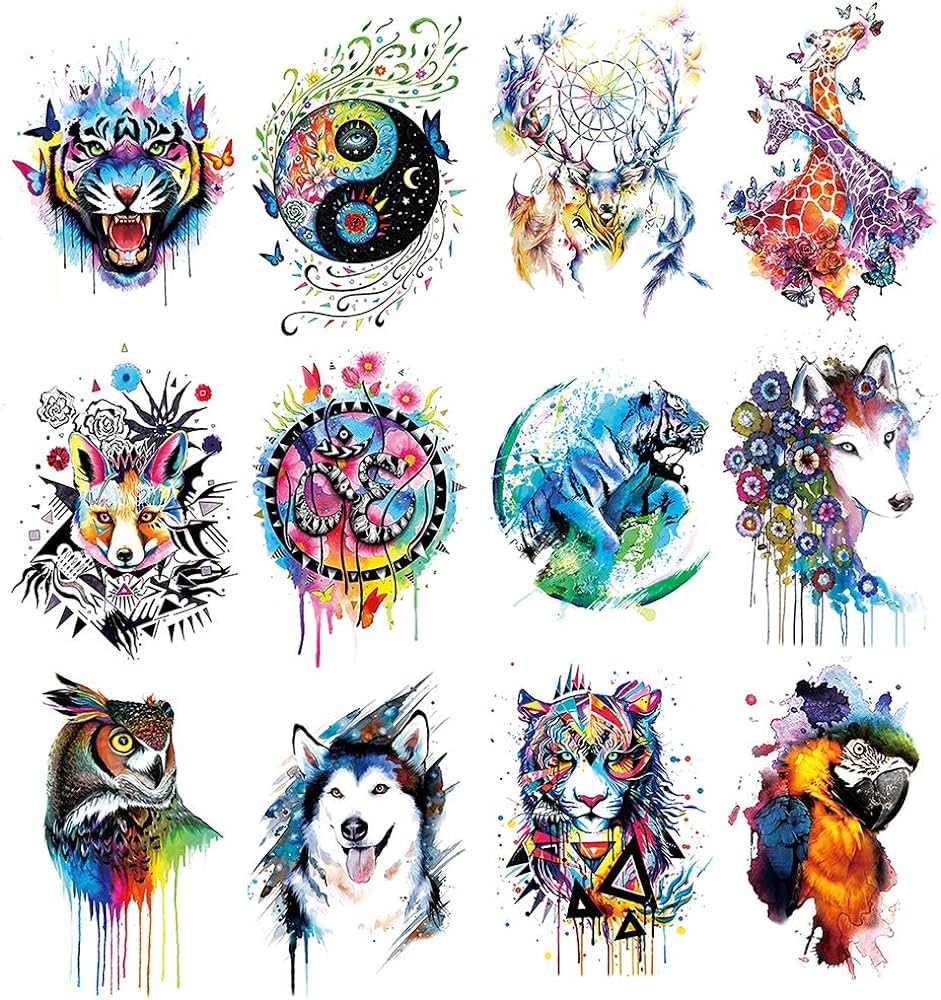 Oottati hojas de tatuajes temporales grandes x cm pintura a mano de zorro lobo tigre tai chi jirafa ciervo atrapasueãos bãºho guacamayo loro para hombres y mujeres belleza