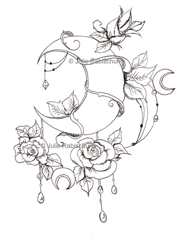 Luna imprimible rosas estilo tatuaje pãgina para colorear neotradicional sello digital lineal naturaleza simbolismo flores scrapbooking coloraciãn adulta
