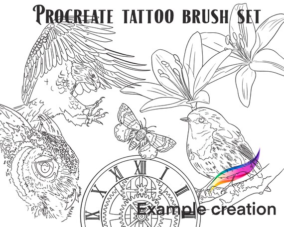 Conjunto de pinceles y sellos para tatuajes procreate bãºho ãguila reloj petirrojo