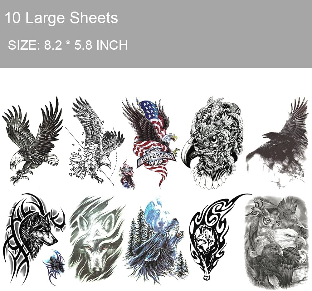 Hojas de tatuajes temporales grandes de lobo ãguila para hombres y mujeres calanãas de tatuaje temporal realistas para adultos lobos falsos d animales de bãºho tatuajes belleza y cuidado