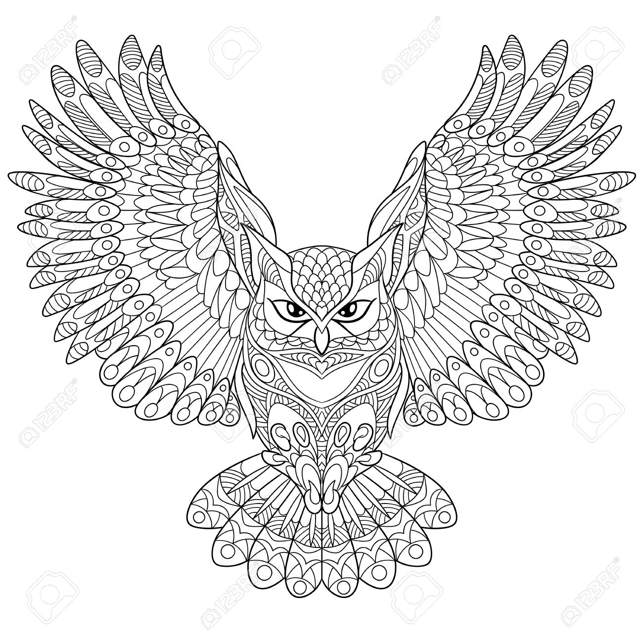 Cartoon eagle owl isolated on white background hand drawn sketch for adult antistress coloring page t