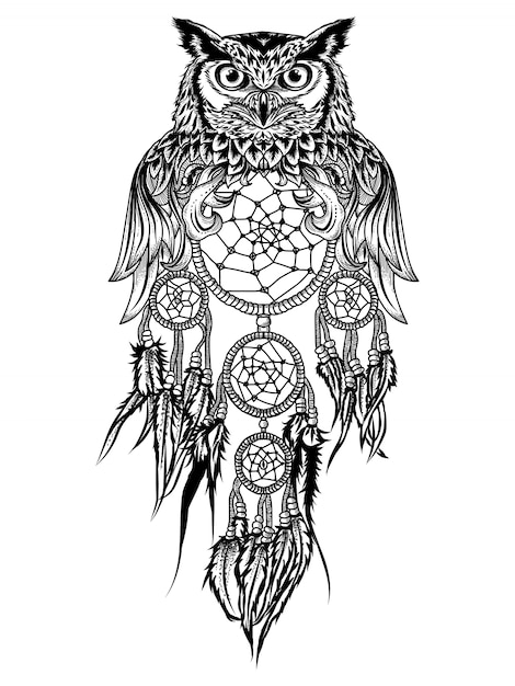 Diseão de tatuaje y camiseta bãºho y atrapasueãos premium vector premium