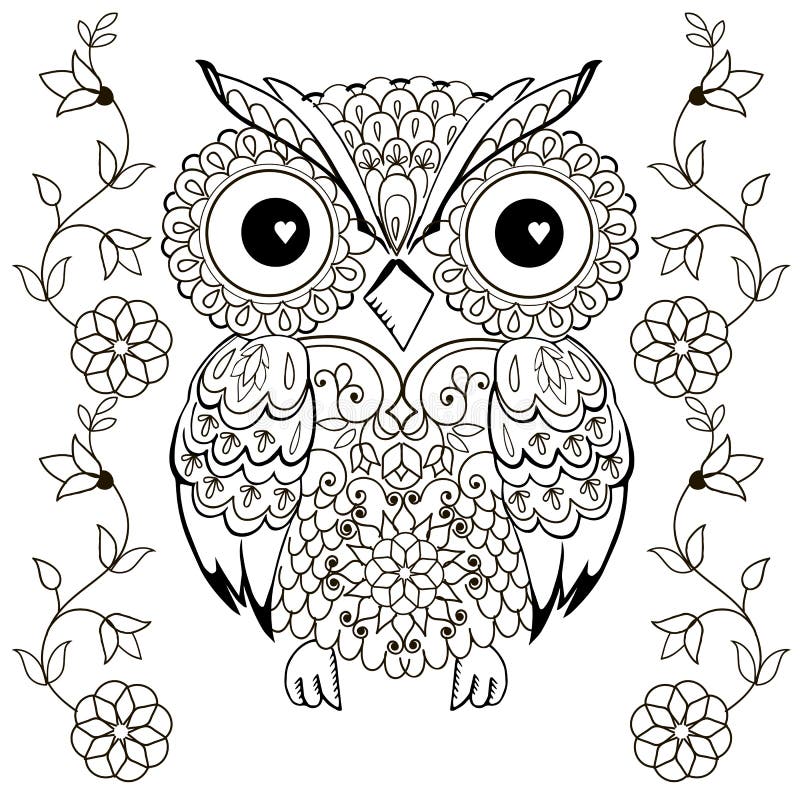 Owl drawing for coloring antistress stock vector