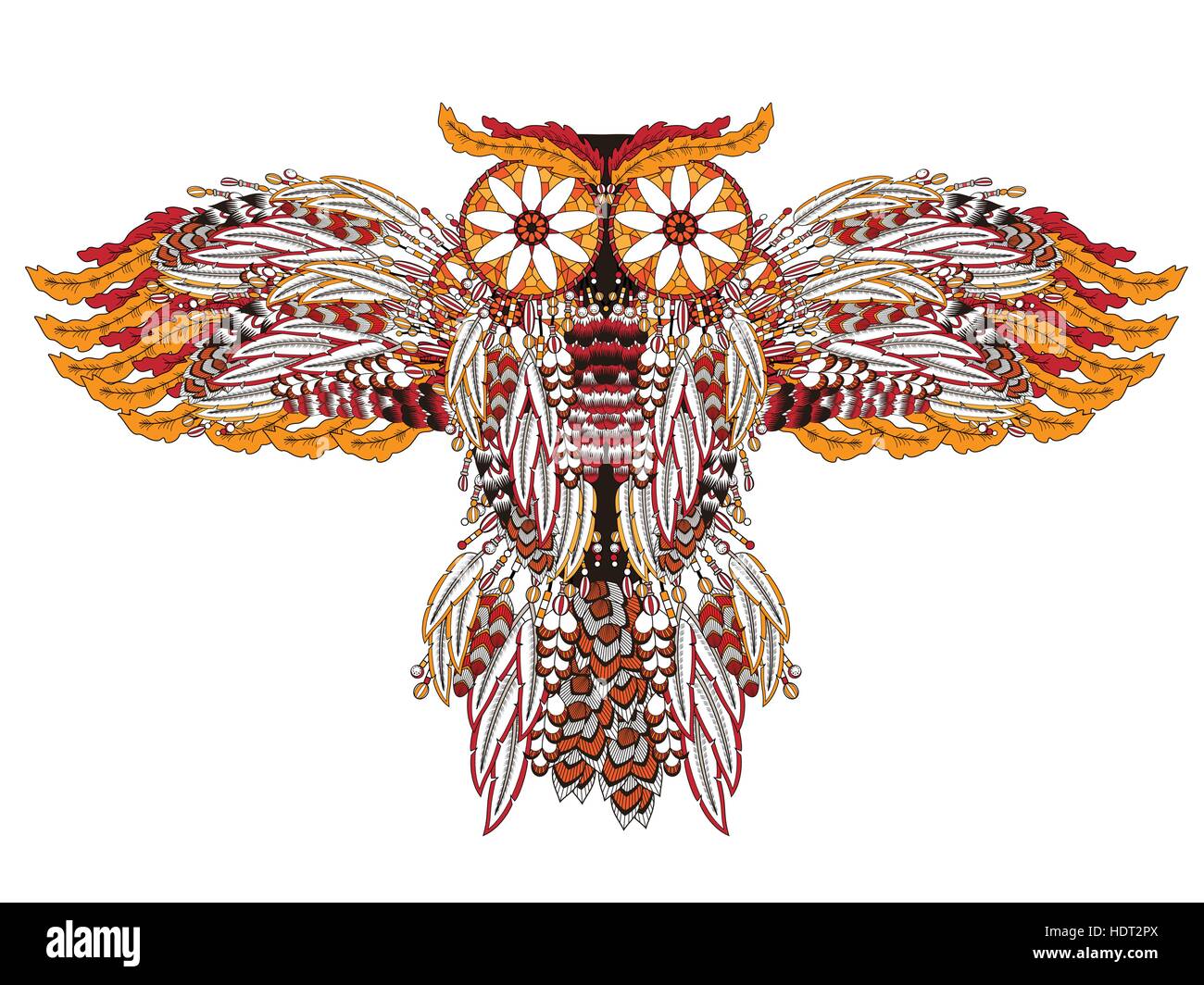 Flying owl coloring page with dream catchers in exquisite line stock vector image art