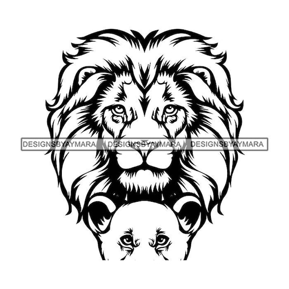 Lion and cub mane hunters lioness feline cats wild animals jungle african predators tattoo outline graphic vector svg png jpg cutting files