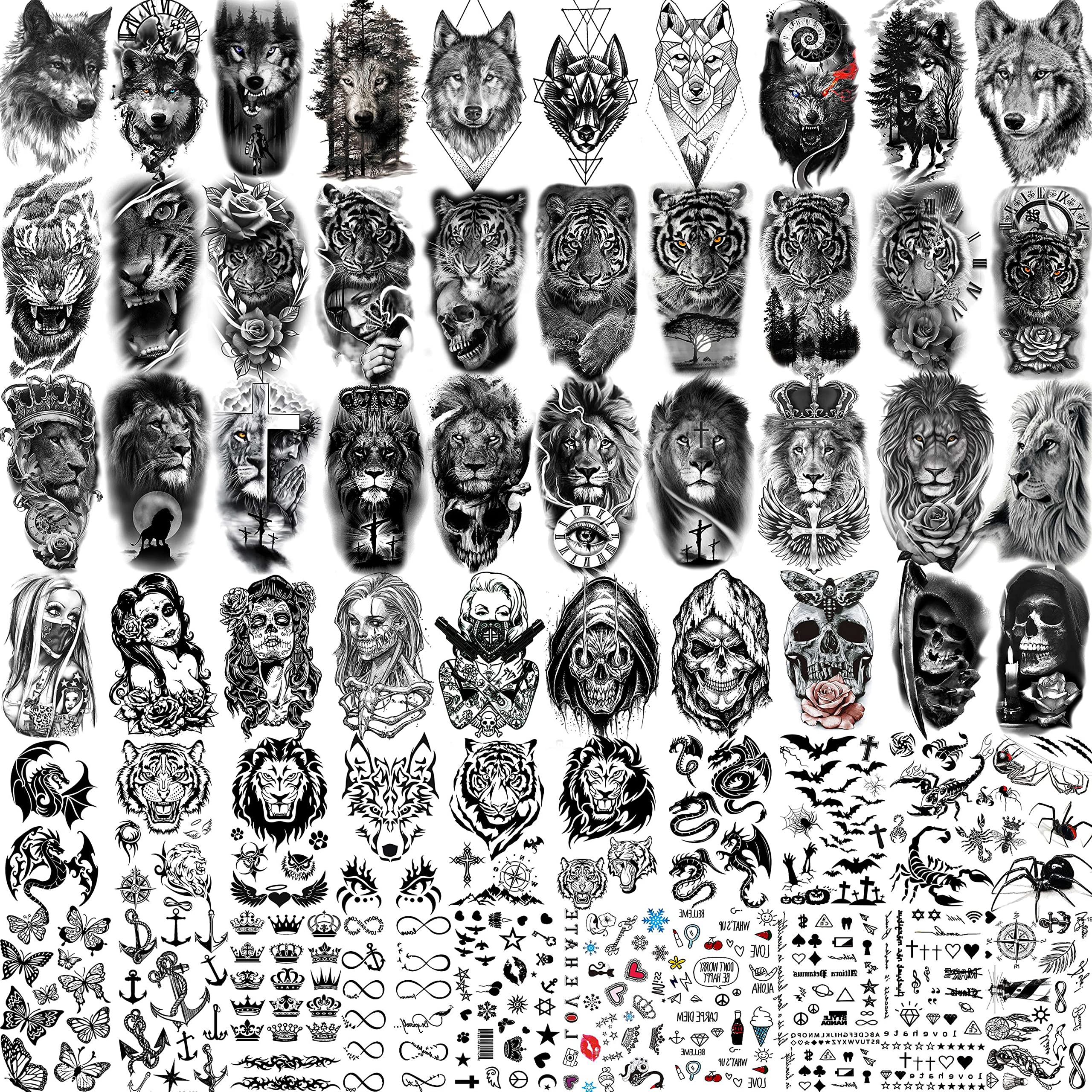 Rejaski hojas de tatuajes temporales de tigre leãn feroz para hombres y mujeres cuello de brazo esqueleto de calavera de diablo aterrador tatuajes falsos para adultos adolescentes halloween halloween negro